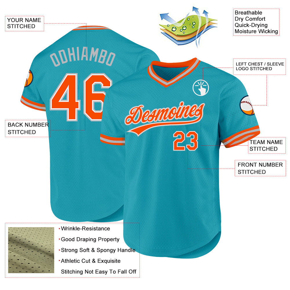 Custom Teal Orange-Gray Authentic Throwback Baseball Jersey baseball jersey product view 3