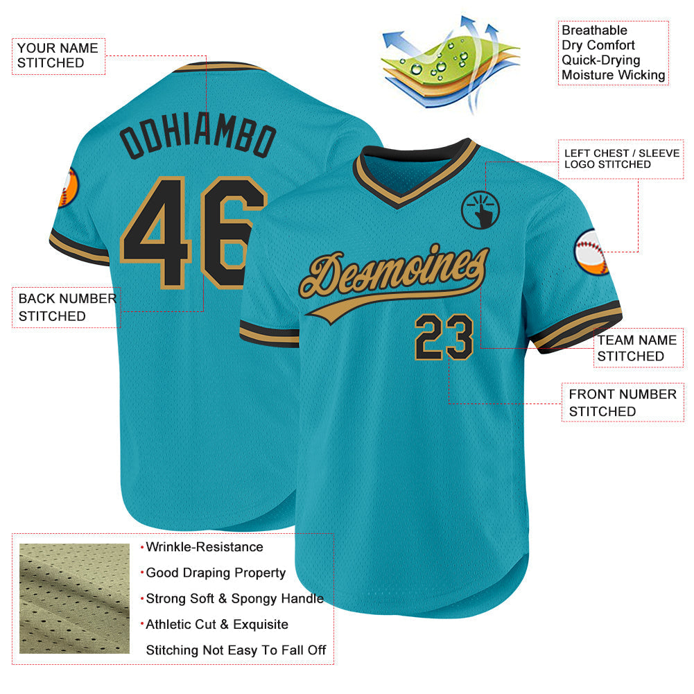 Custom Teal Black-Old Gold Authentic Throwback Baseball Jersey baseball jersey product view 3