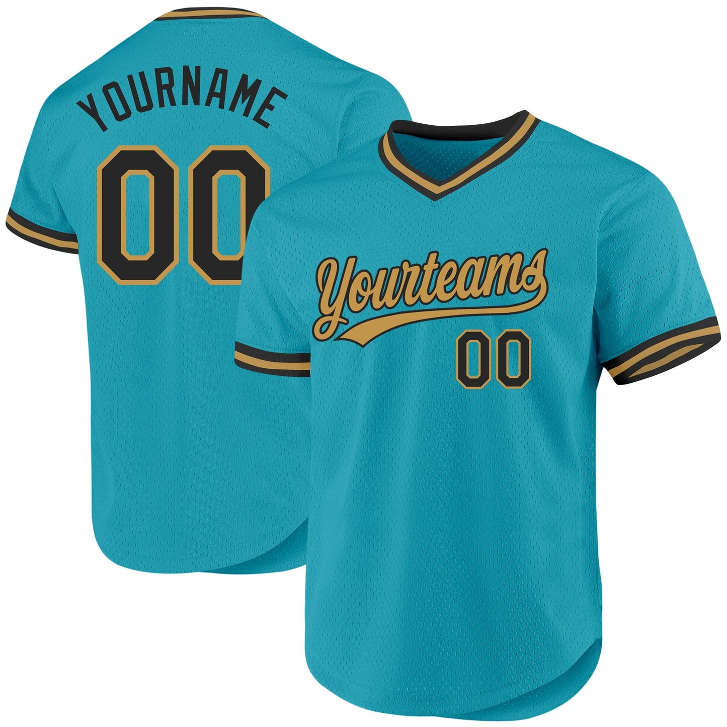Custom Teal Black-Old Gold Authentic Throwback Baseball Jersey baseball jersey product view 1
