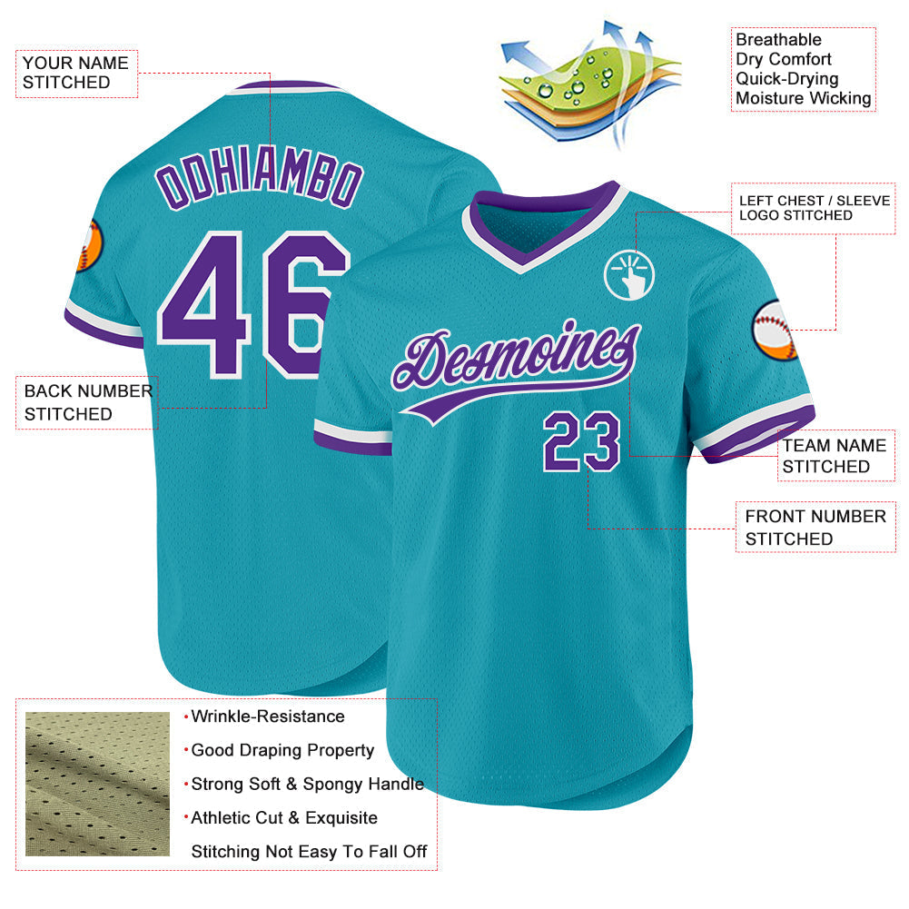 Custom Teal Purple-White Authentic Throwback Baseball Jersey baseball jersey product view 3