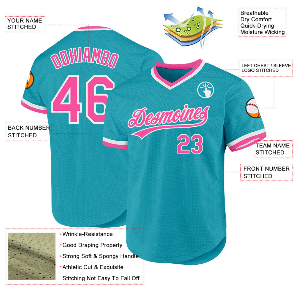 Custom Teal Pink-White Authentic Throwback Baseball Jersey baseball jersey product view 3