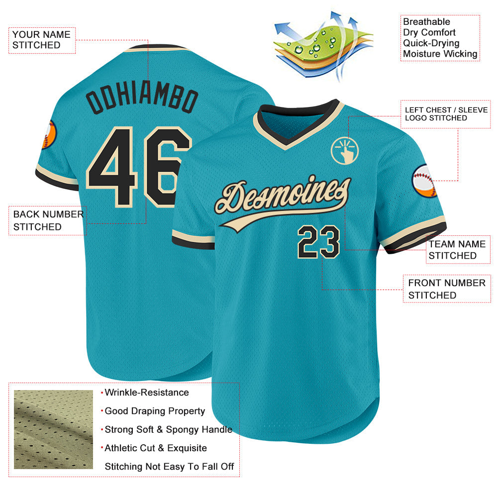 Custom Teal Black-Cream Authentic Throwback Baseball Jersey baseball jersey product view 3