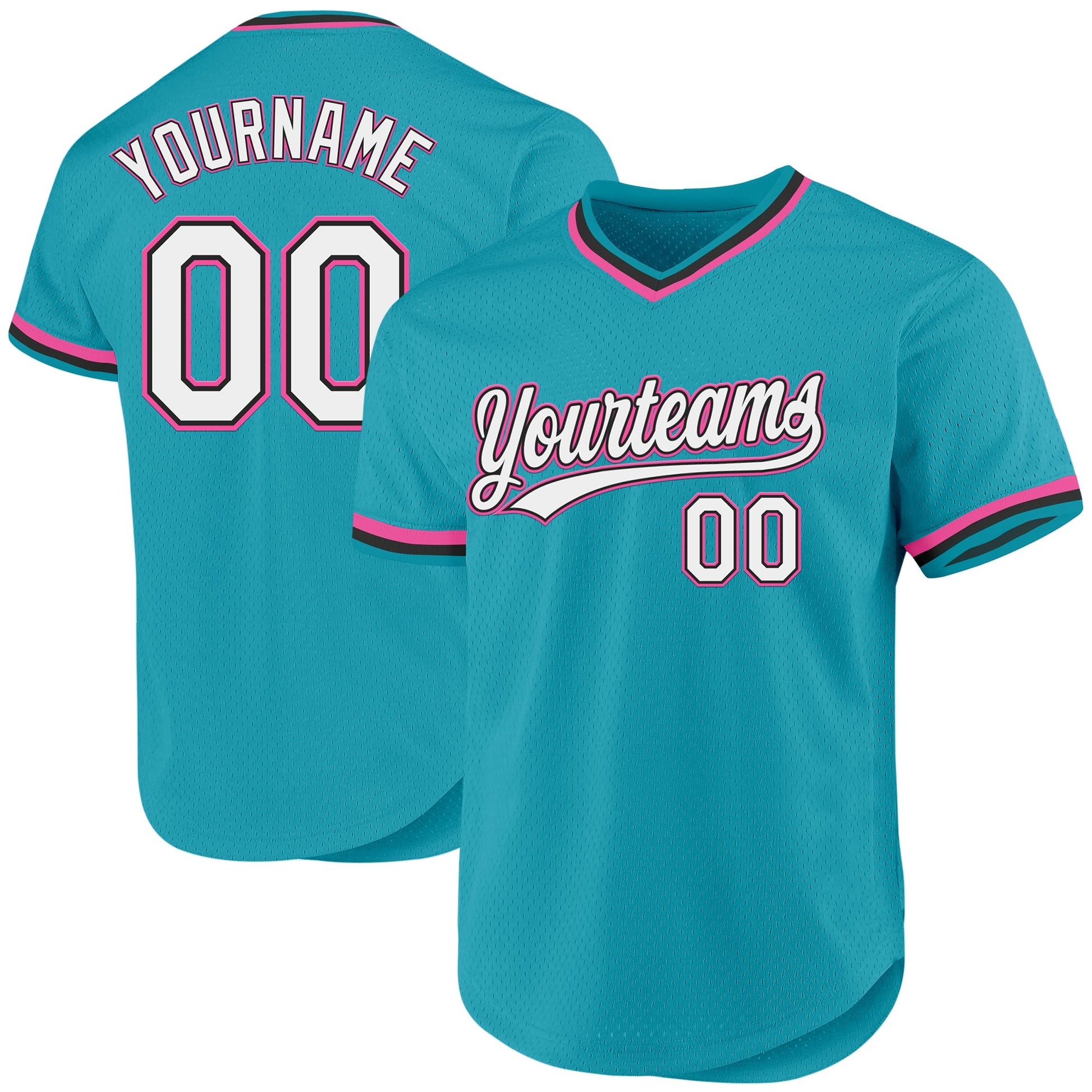 Custom Teal Black-Pink Authentic Throwback Baseball Jersey baseball jersey product view 1