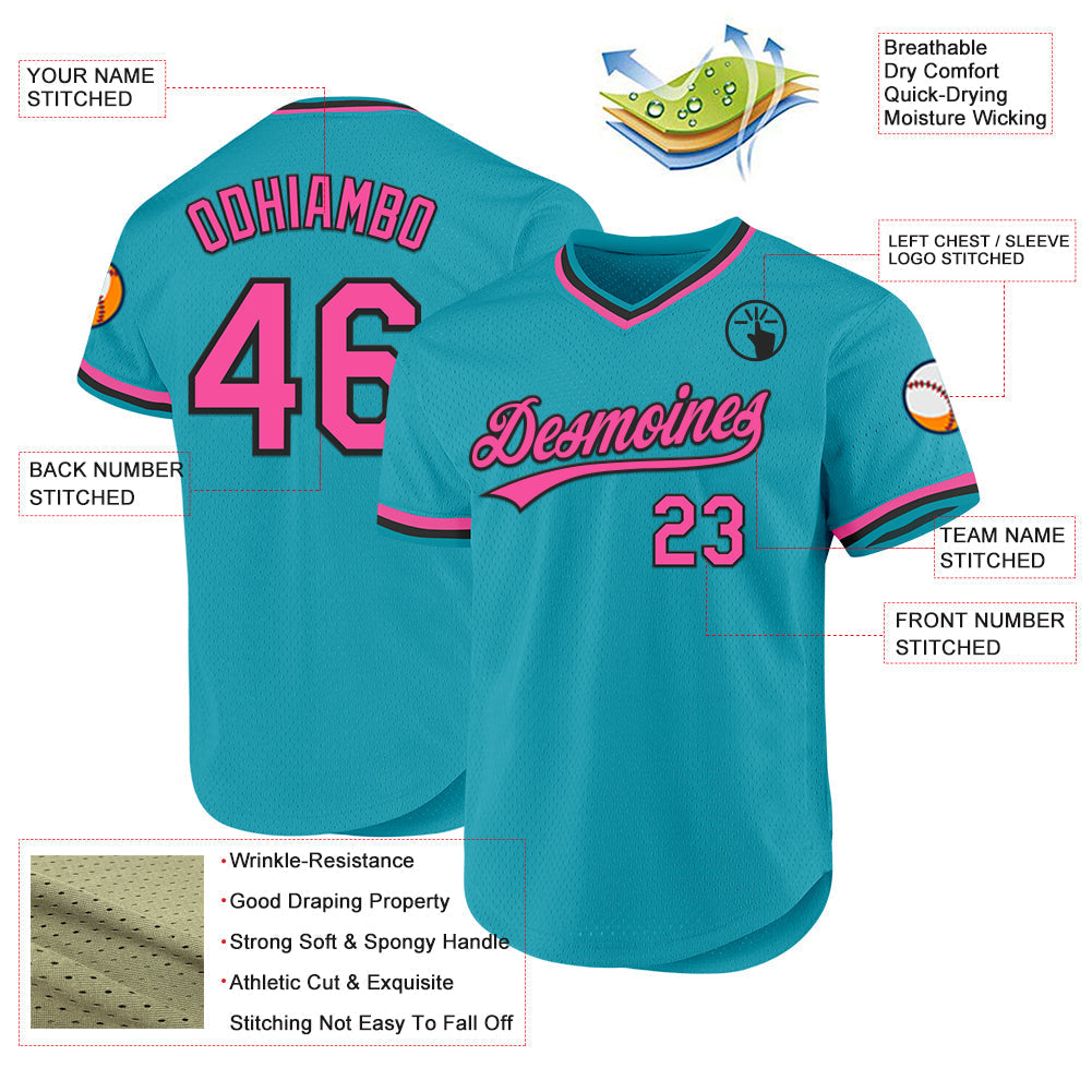 Custom Teal Pink-Black Authentic Throwback Baseball Jersey baseball jersey product view 3