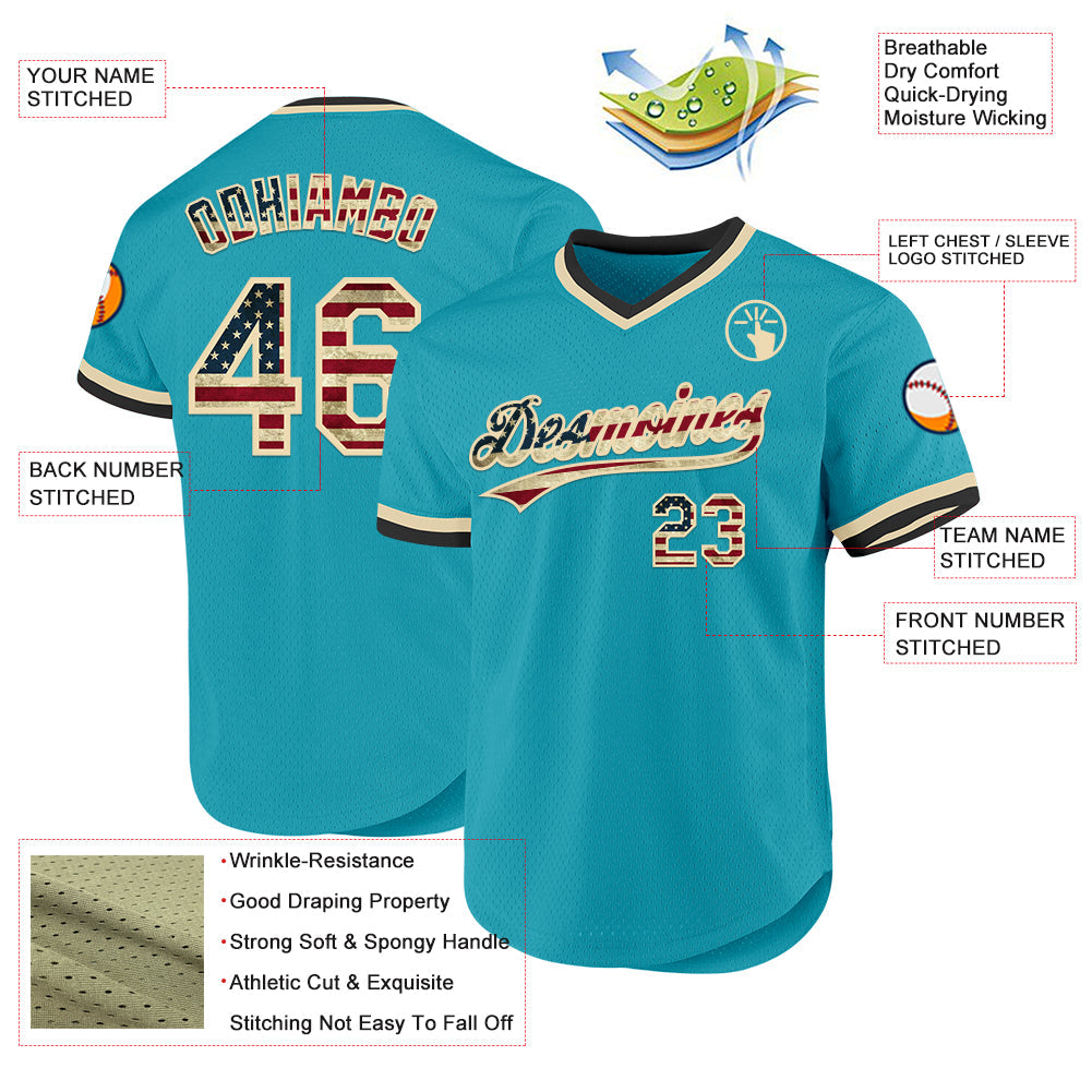 Custom Teal Vintage USA Flag Cream-Black Authentic Throwback Baseball Jersey baseball jersey product view 3