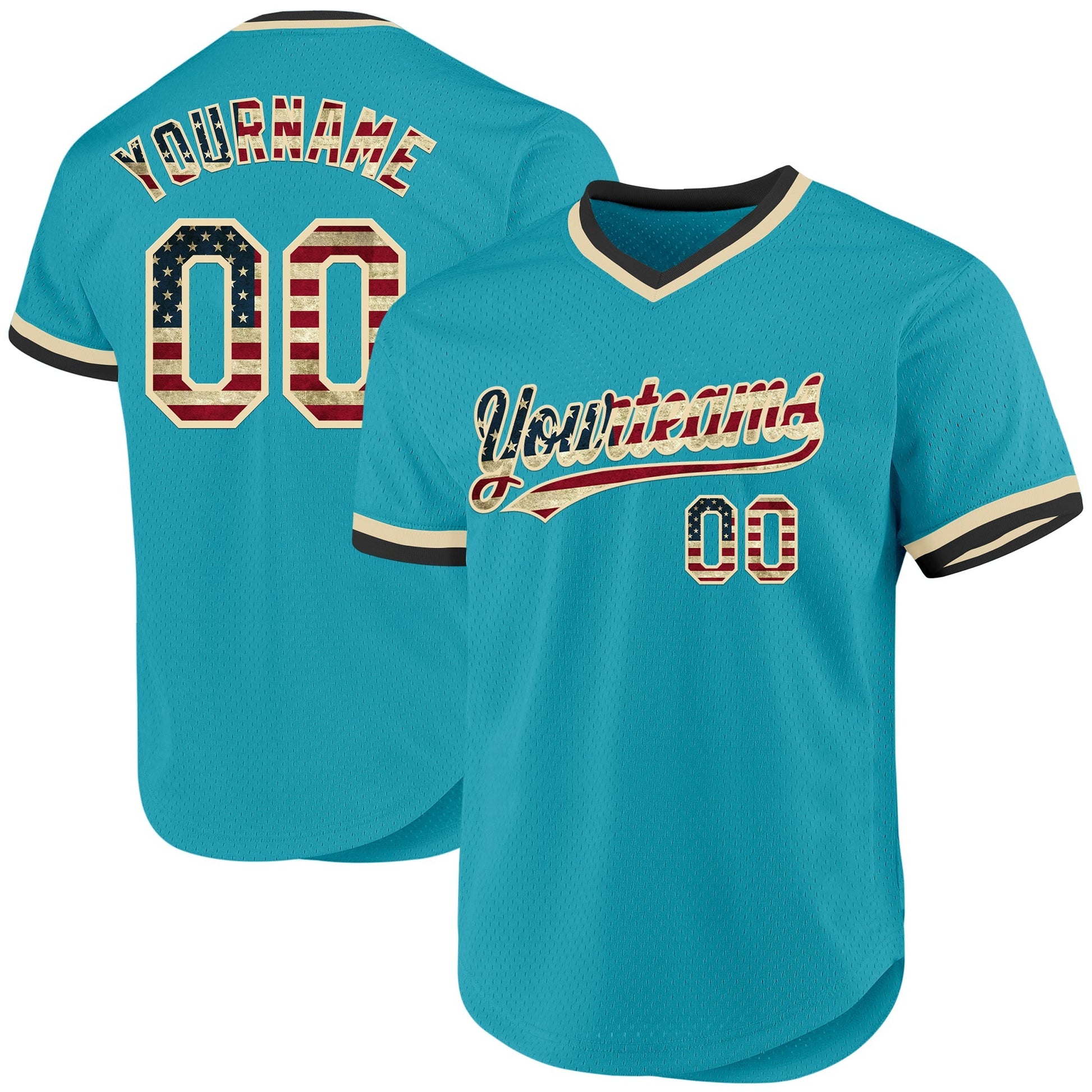 Custom Teal Vintage USA Flag Cream-Black Authentic Throwback Baseball Jersey baseball jersey product view 1
