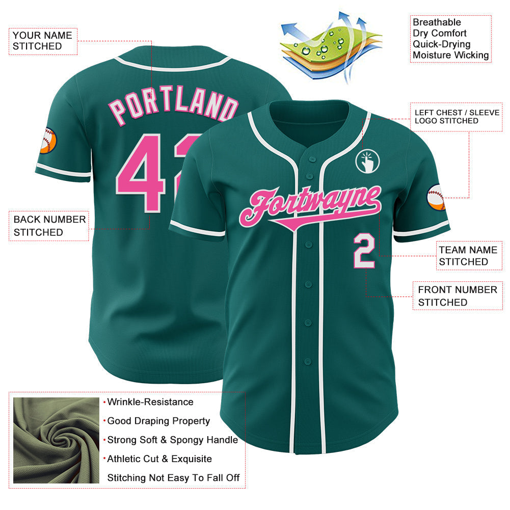Custom Teal Pink-White Authentic Baseball Jersey baseball jersey product view 3
