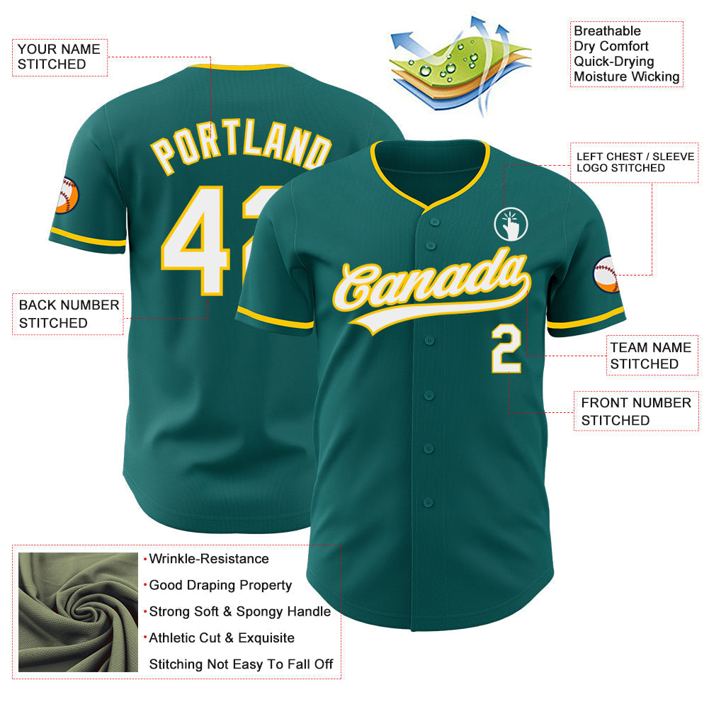 Custom Teal White-Yellow Authentic Baseball Jersey baseball jersey product view 3