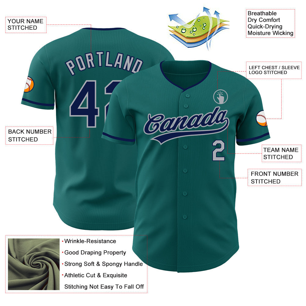 Custom Teal Navy-Gray Authentic Baseball Jersey baseball jersey product view 3