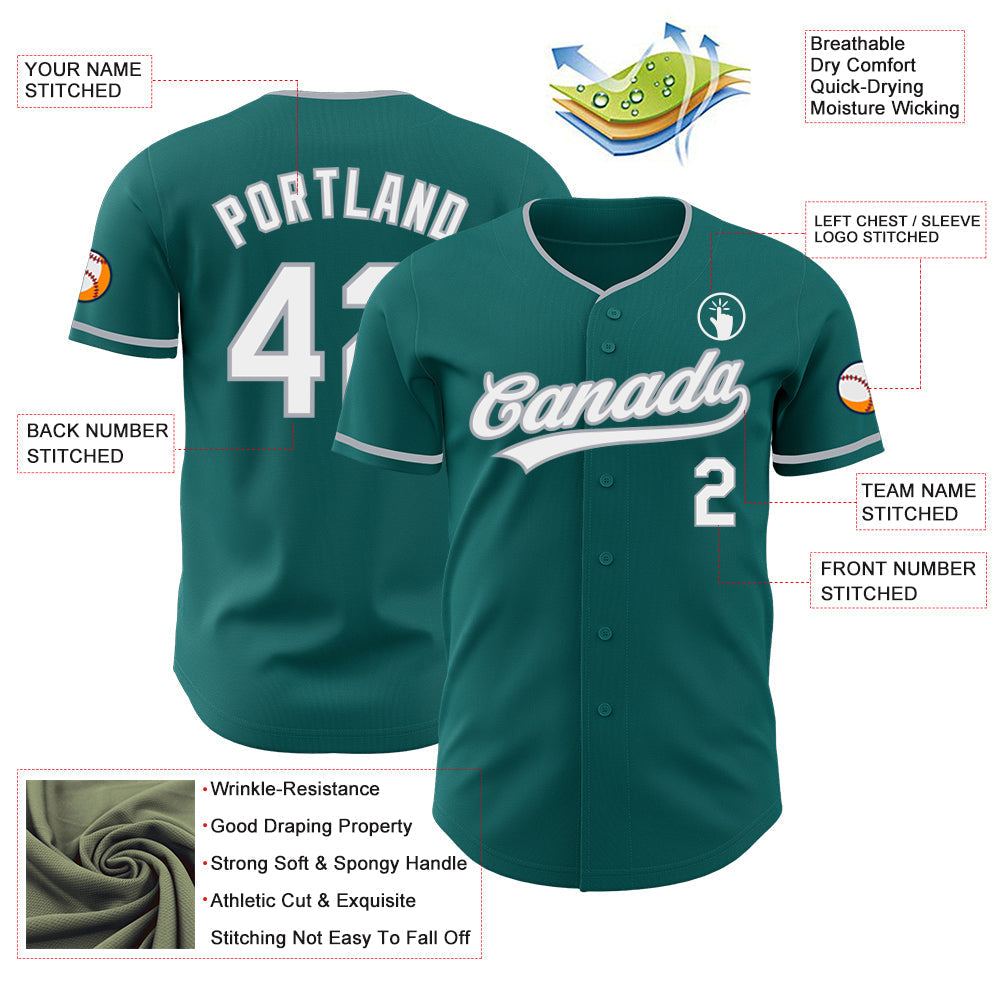 Custom Teal White-Gray Authentic Baseball Jersey baseball jersey product view 3