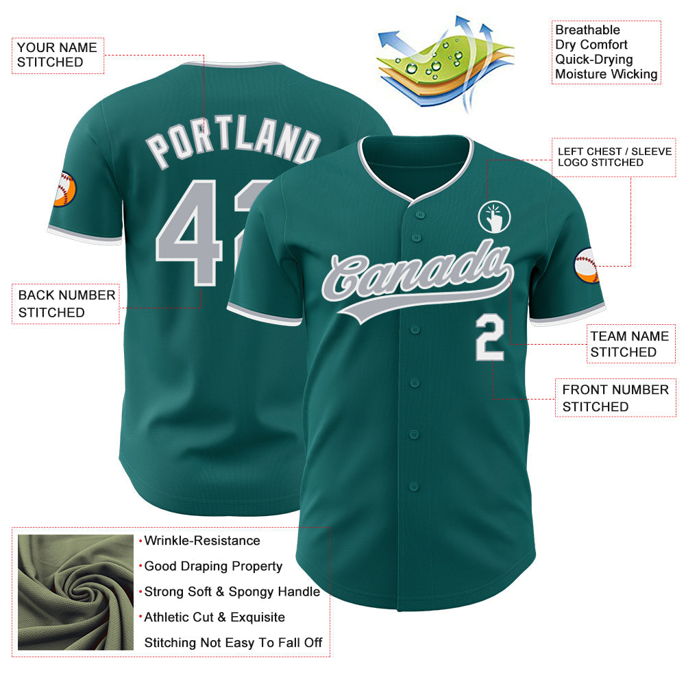 Custom Teal Gray-White Authentic Baseball Jersey baseball jersey product view 3