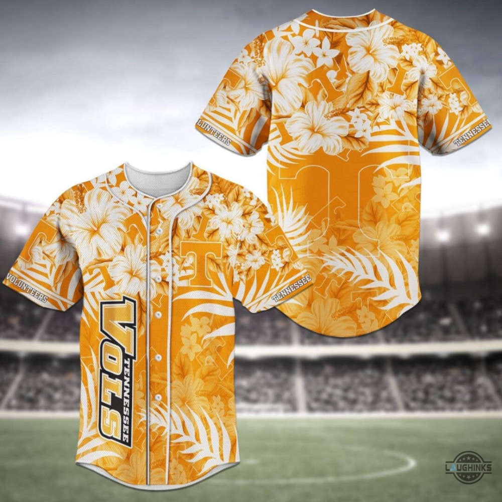 Tennessee Baseball Jersey All Over Printed Tennessee Vols Baseball Jersey Shirt University Of Tennesse Volunteers Baseball Uniform Tropical Hibiscus Floral Pattern NEW baseball jersey product view 1