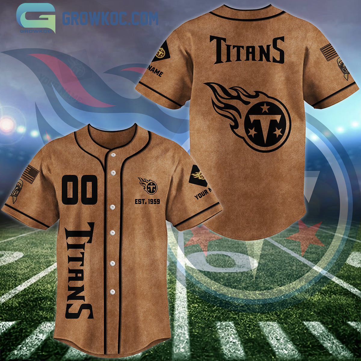 Tennessee Titans Brown American Flag Personalized Baseball Jersey baseball jersey product view 1