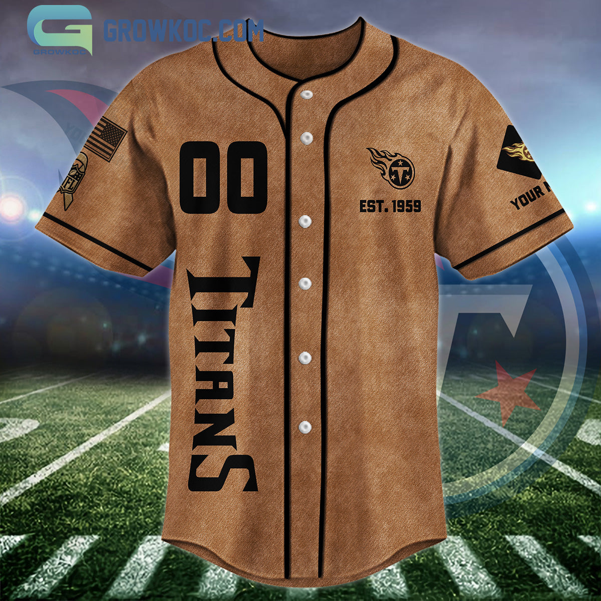Tennessee Titans Brown American Flag Personalized Baseball Jersey baseball jersey product view 3