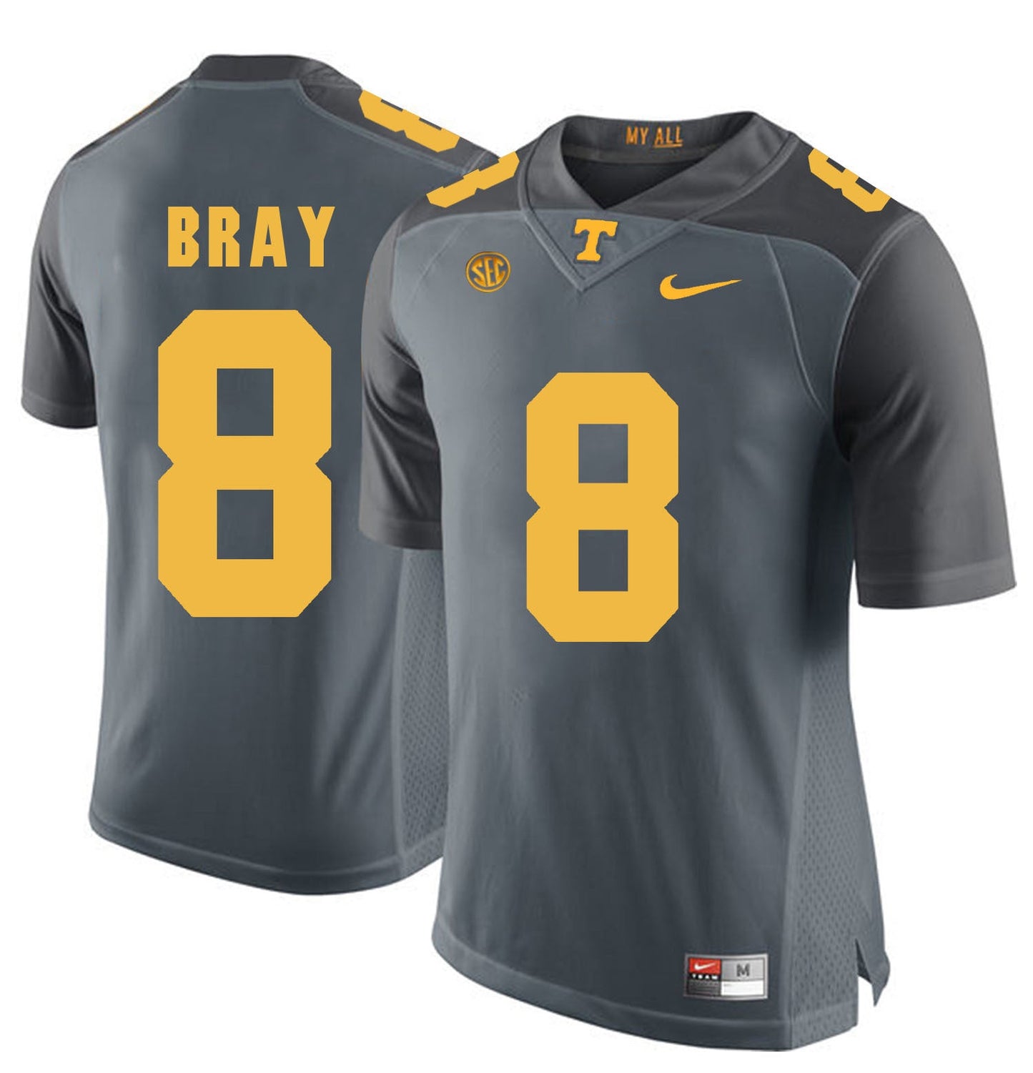 Tennessee BRAY 8 Grey College Football Jersey football jersey product view 1