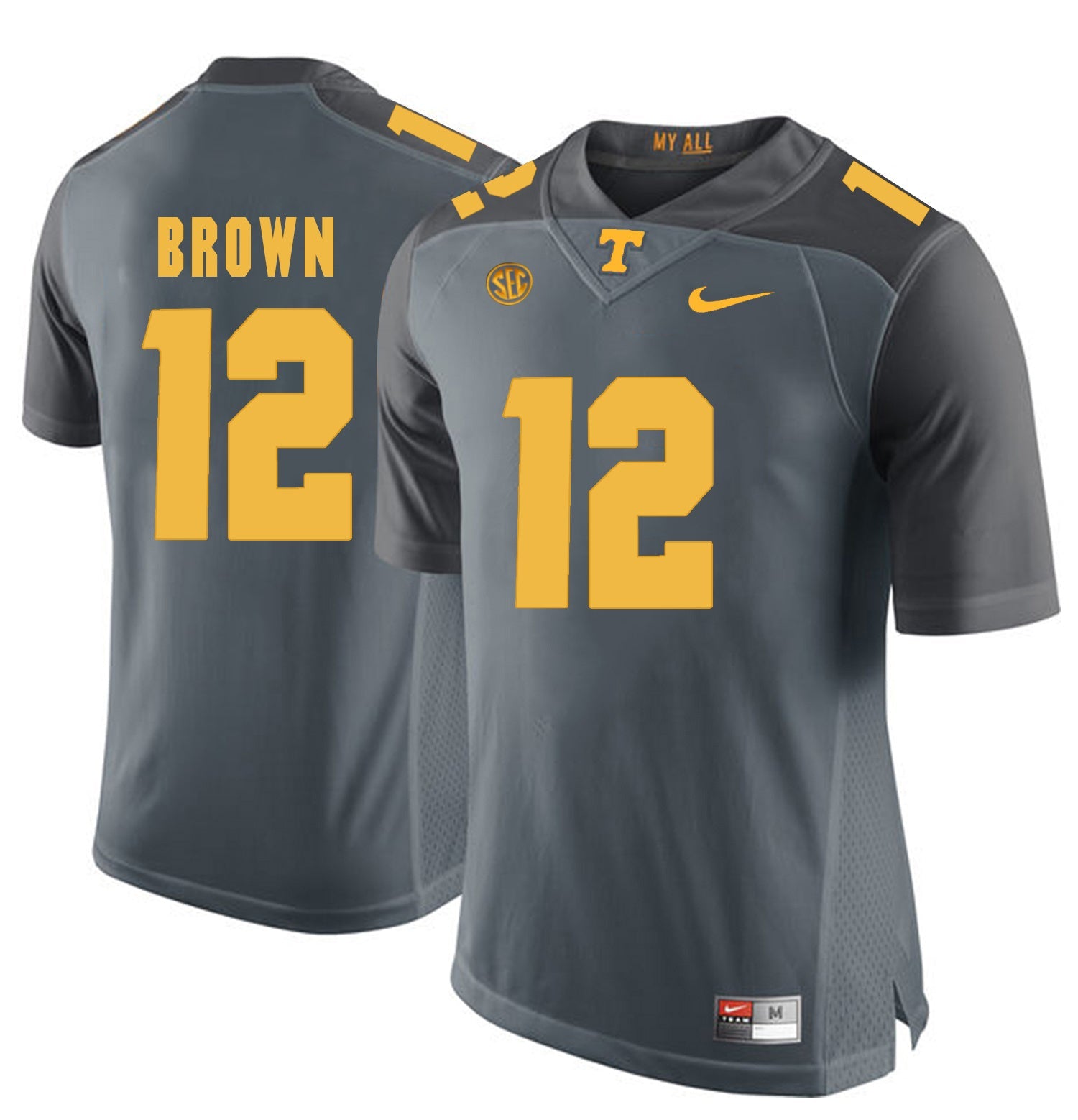 Tennessee BROWN 12 Grey College Football Jersey football jersey product view 1