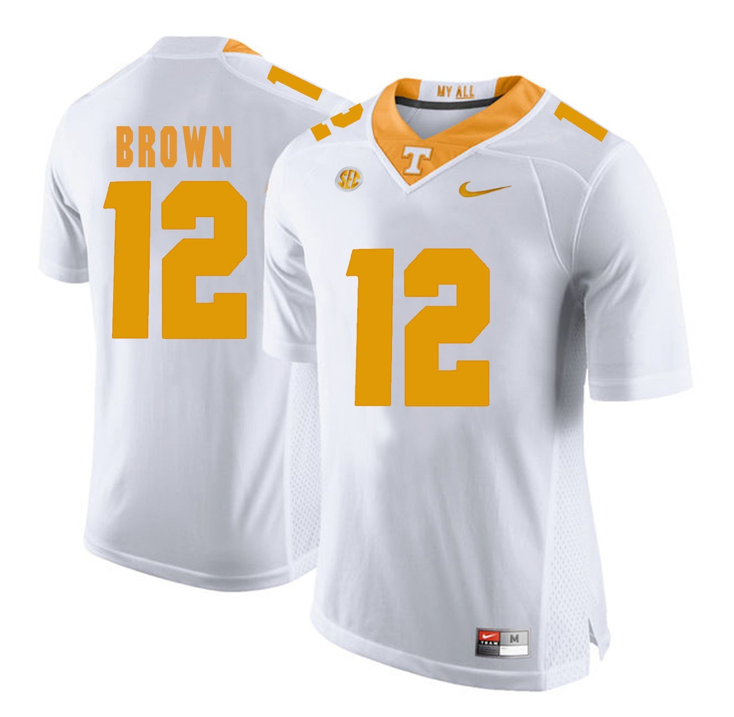 Tennessee BROWN 12 White College Football Jersey football jersey product view 1