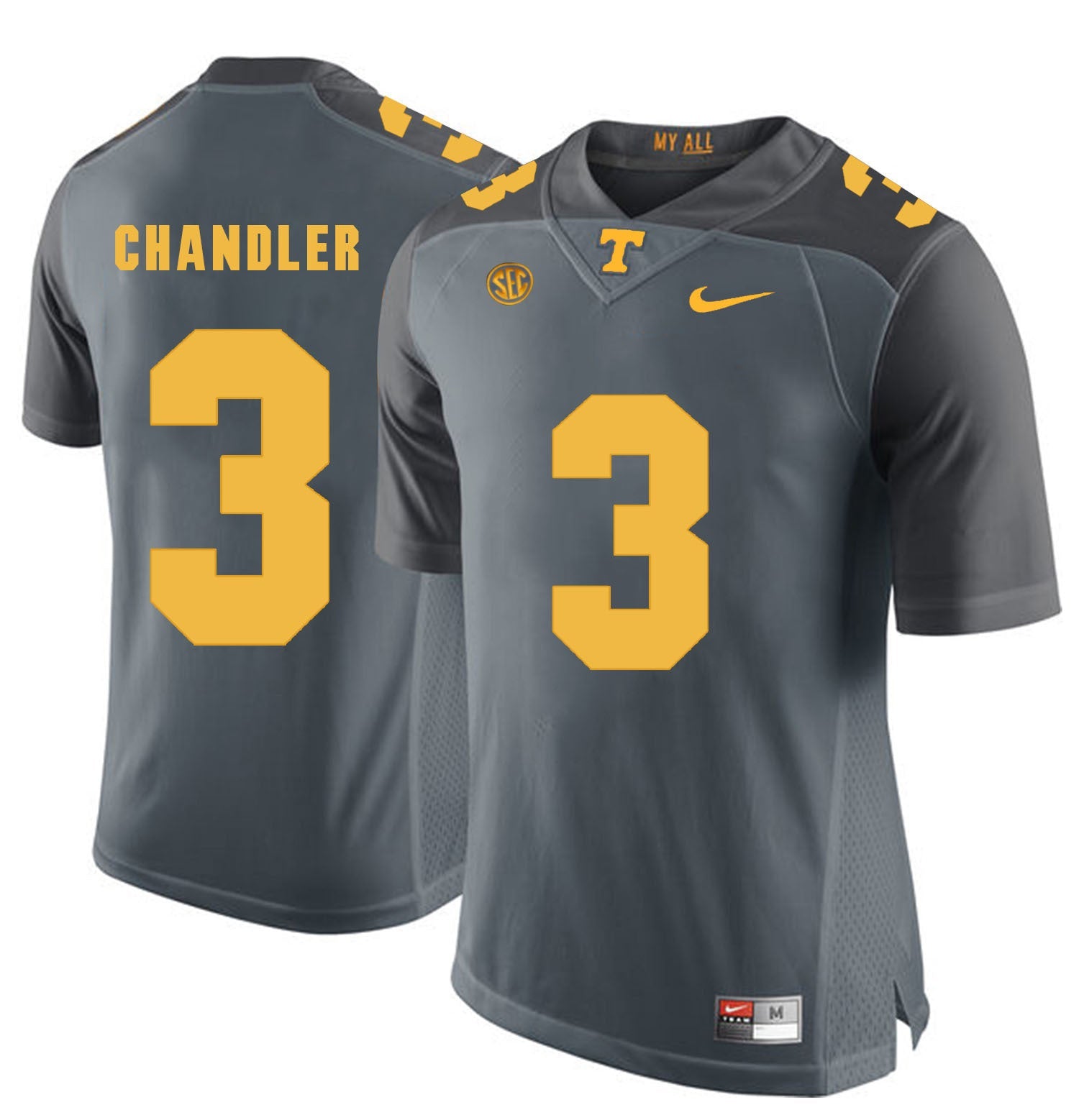 Tennessee CHANDLER 3 Grey College Football Jersey football jersey product view 1