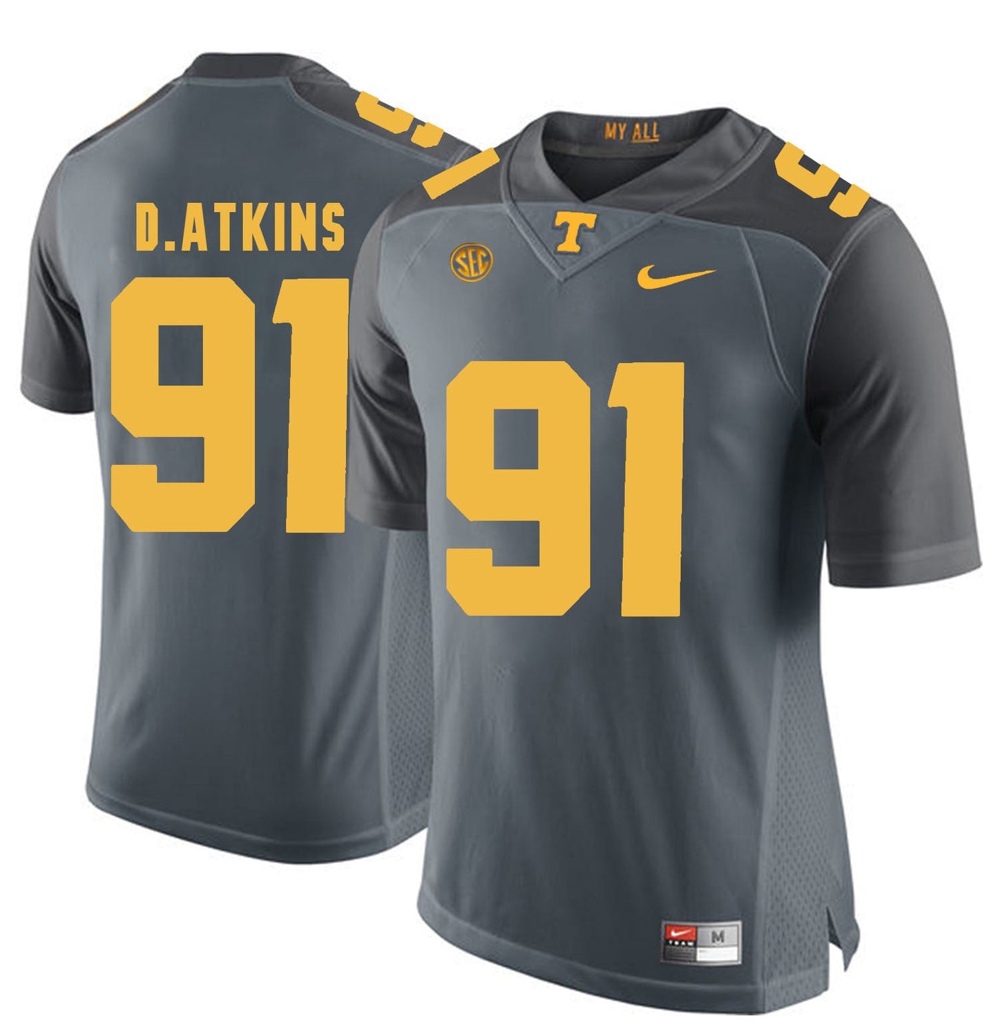 Tennessee D.Atkins 91 Grey College Football Jersey football jersey product view 1