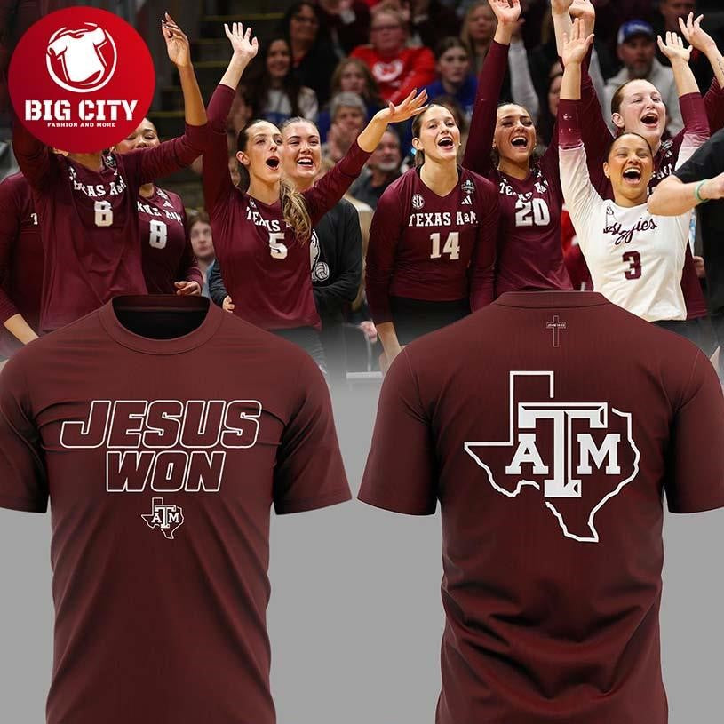 Texas A&amp;M Aggies Volleyball 2025 Jesus Won In Faith Two Sided Shirt Unisex T-shirt, Sweatshirt, Hoodie, Long Sleeve Tee - T-Shirt, Sweatshirt, Hoodie