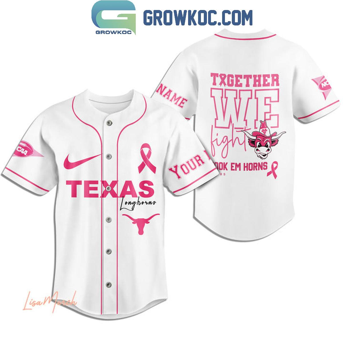 Texas Longhorns Together We Fight Breast Cancer Personalized Baseball Jersey baseball jersey product view 2
