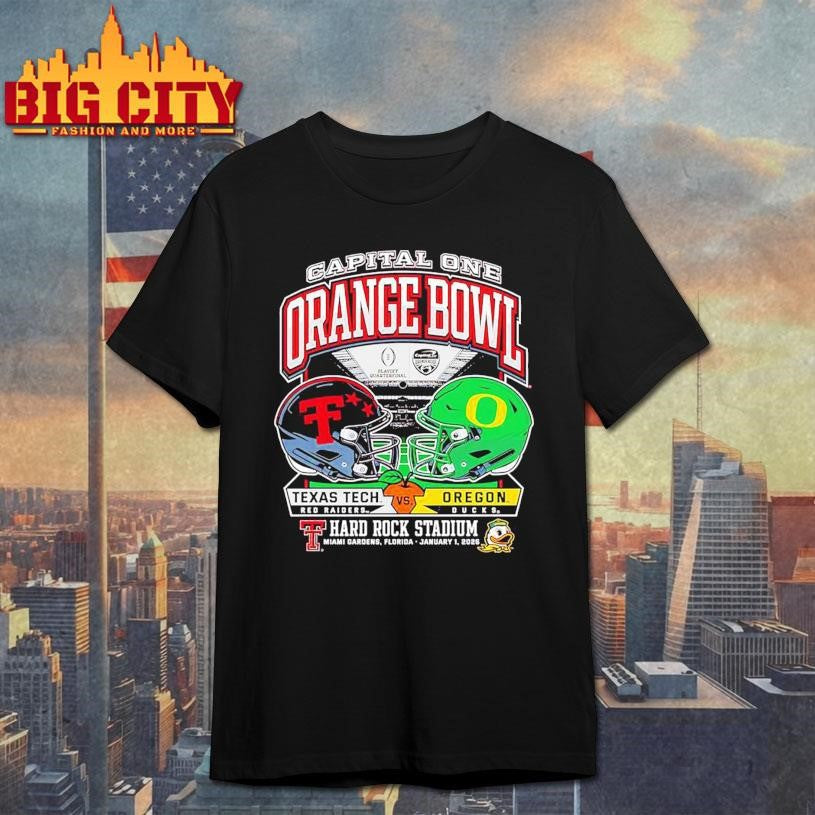 Texas Tech vs Oregon 2025 Capital One Orange Bowl Helmet Shirt Unisex T-shirt, Sweatshirt, Hoodie, Long Sleeve Tee - T-Shirt, Sweatshirt, Hoodie