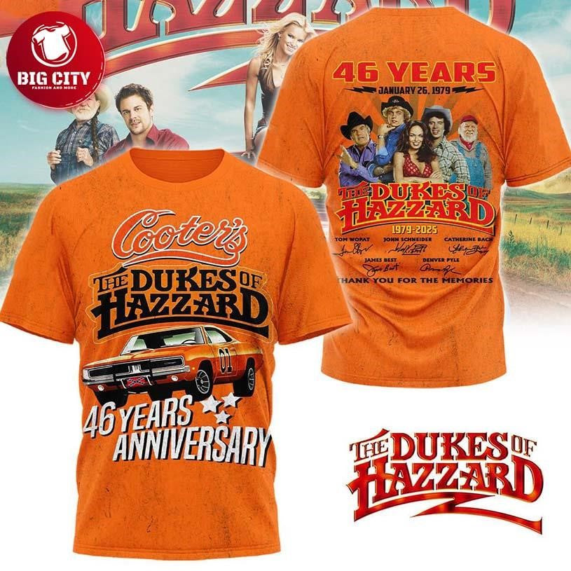 The Dukes Of Hazzard Cooters 46 Years Of Memories 2025 Two Sided Shirt Unisex T-shirt, Sweatshirt, Hoodie, Long Sleeve Tee - T-Shirt, Sweatshirt, Hoodie