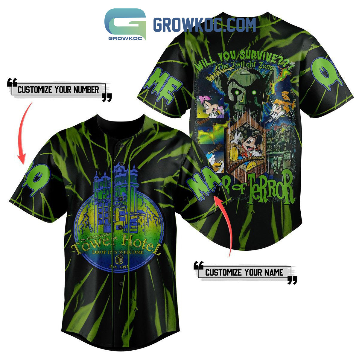 The Hollywood Tower Hotel Drop In’s Welcome Personalized Baseball Jersey baseball jersey product view 1