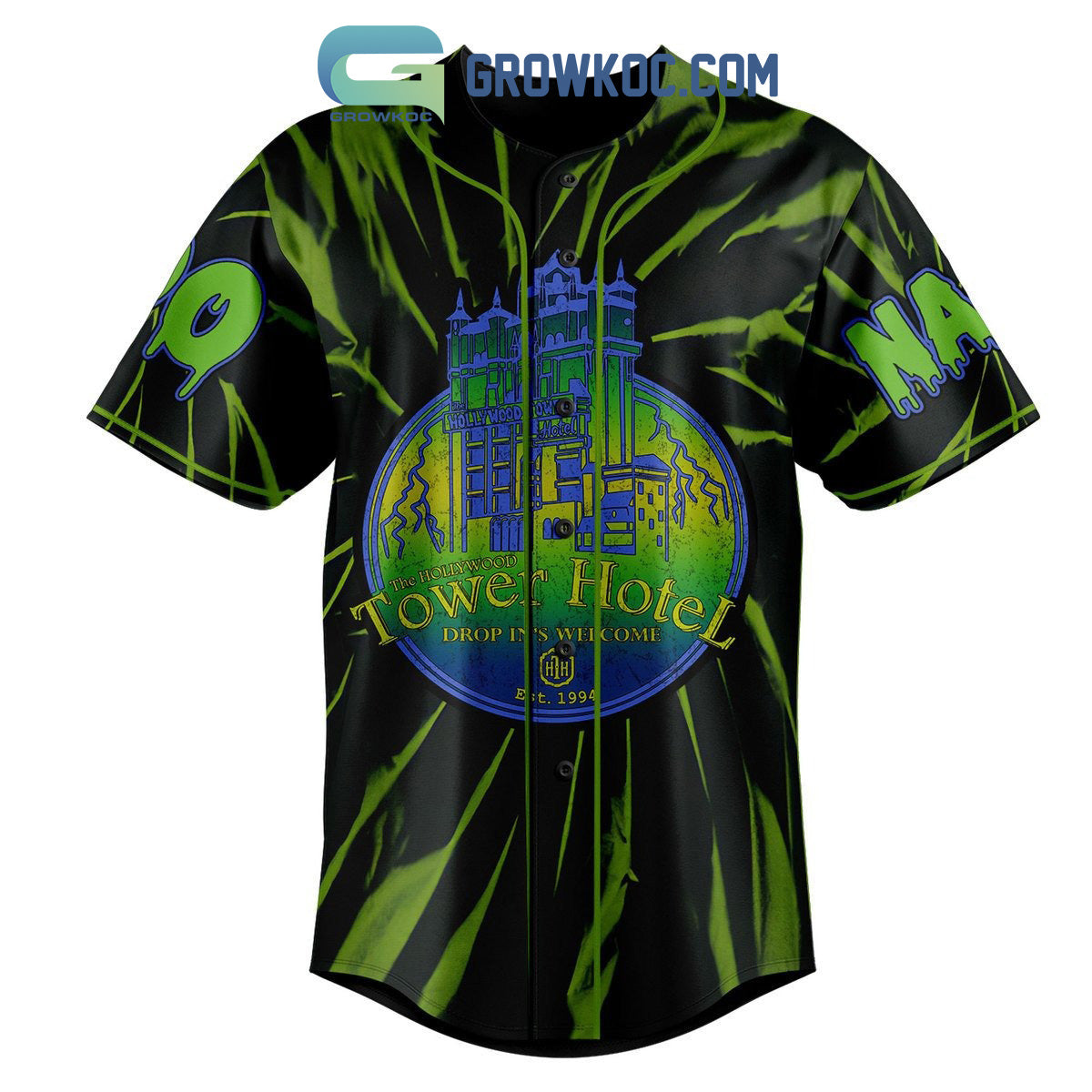 The Hollywood Tower Hotel Drop In’s Welcome Personalized Baseball Jersey baseball jersey product view 2