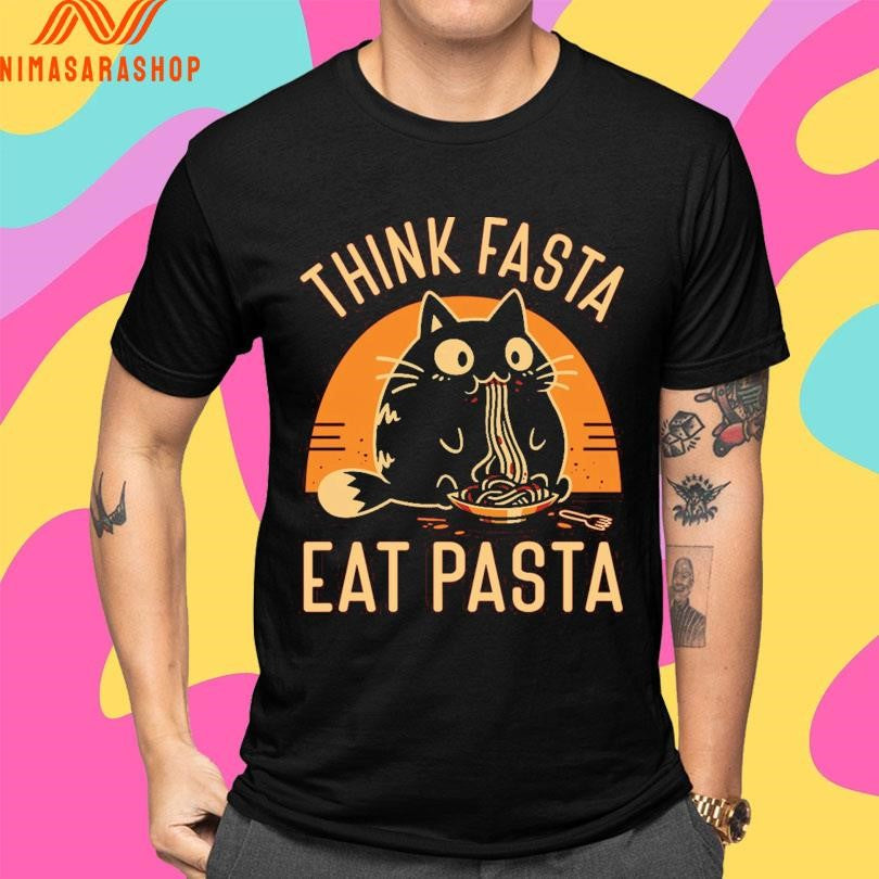 Think Fasta Eat Pasta Cat - Adult & Kids T-Shirts, Sweatshirts & Hoodies apparel design preview 4