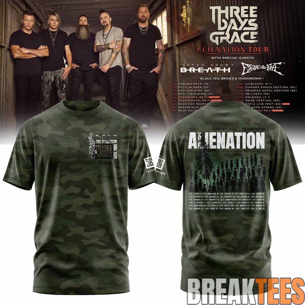 Three Days Grace Alienation Tour 2026 Green Camo Shirt Unisex T-shirt, Sweatshirt, Hoodie, Long Sleeve Tee - T-Shirt, Sweatshirt, Hoodie