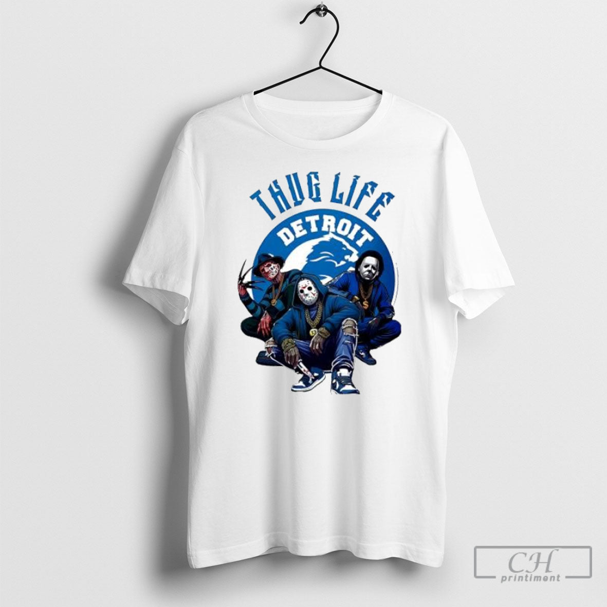 Thug Life Detroit Freddy Jason Michael Myers Horror Lions Fan Posters White Shirt Unisex T-shirt, Sweatshirt, Hoodie, Long Sleeve Tee - T-Shirt, Sweatshirt, Hoodie