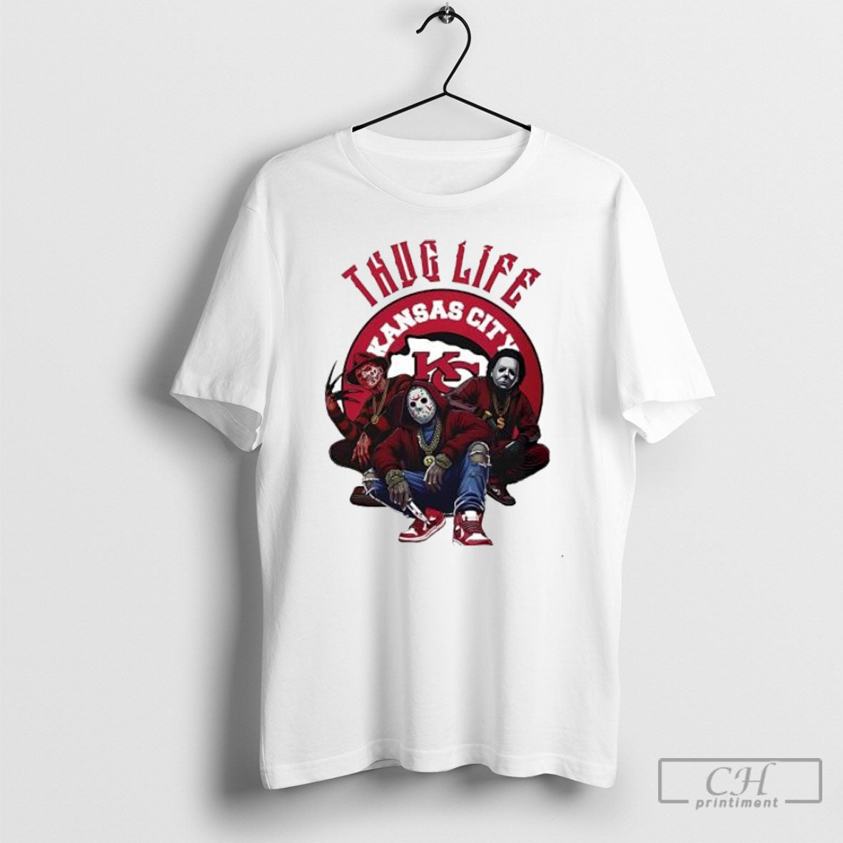 Thug Life Kansas City Freddy Jason Michael Myers Horror Football Posters White Shirt Unisex T-shirt, Sweatshirt, Hoodie, Long Sleeve Tee - T-Shirt, Sweatshirt, Hoodie