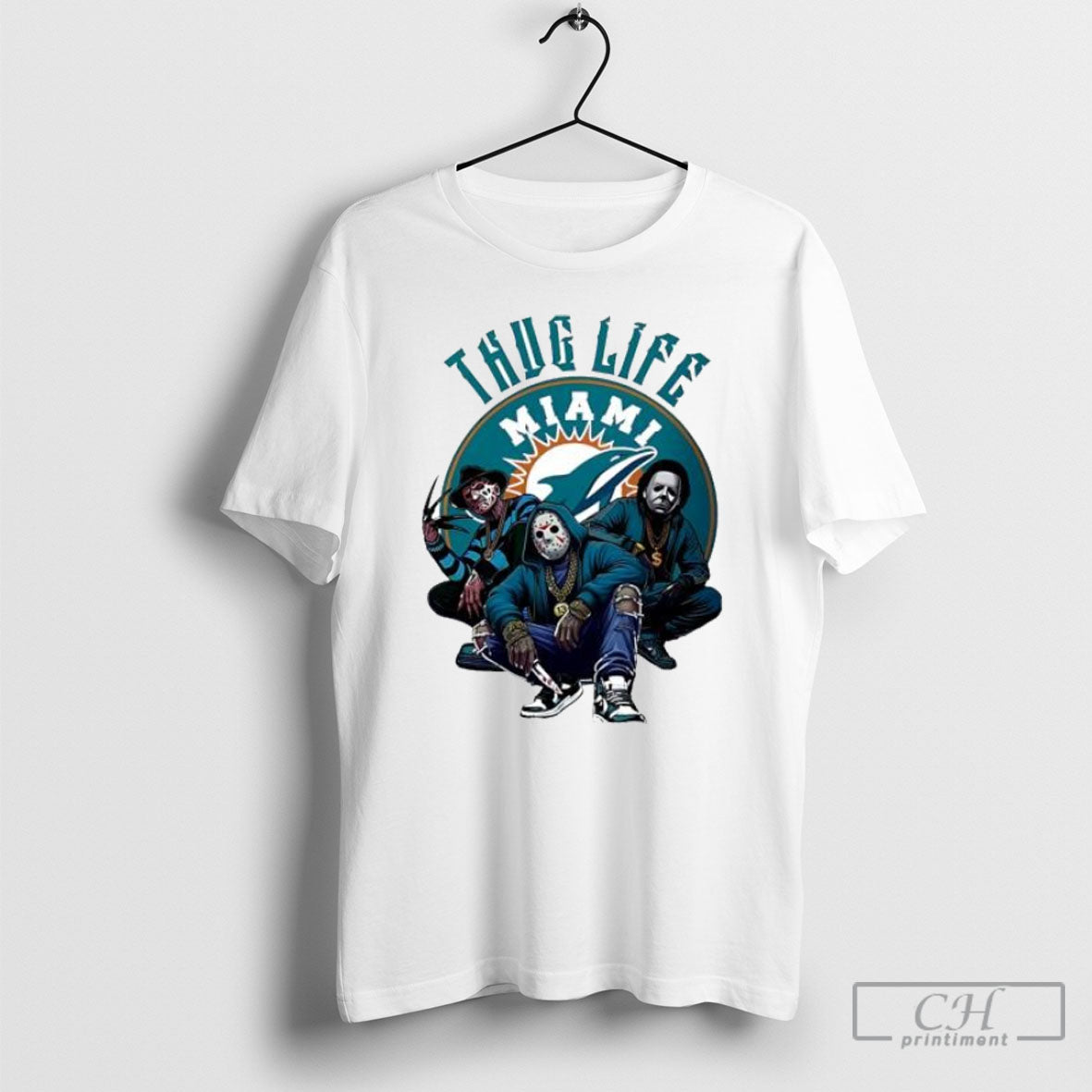 Thug Life Miami Freddy Jason Michael Myers Halloween Football Posters White Shirt Unisex T-shirt, Sweatshirt, Hoodie, Long Sleeve Tee - T-Shirt, Sweatshirt, Hoodie