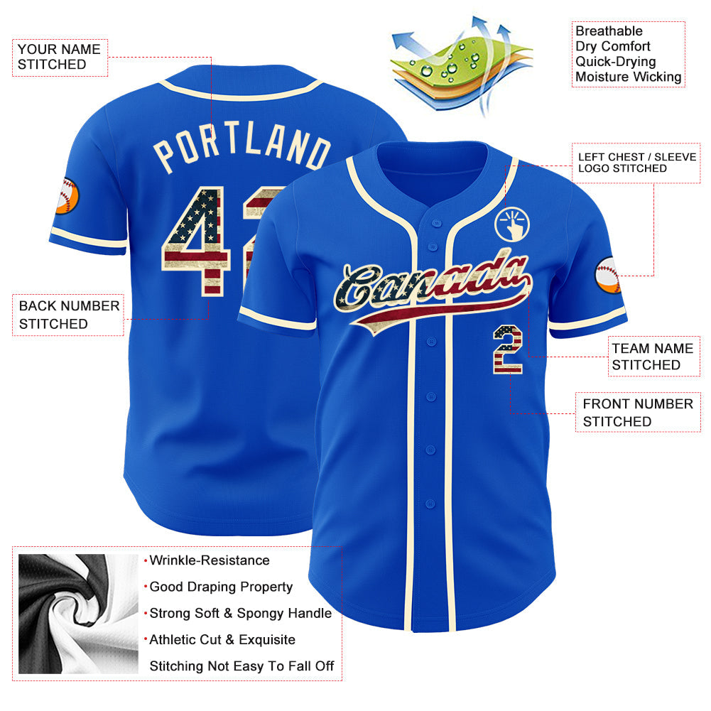 Custom Thunder Blue Vintage USA Flag-Cream Authentic Baseball Jersey baseball jersey product view 3