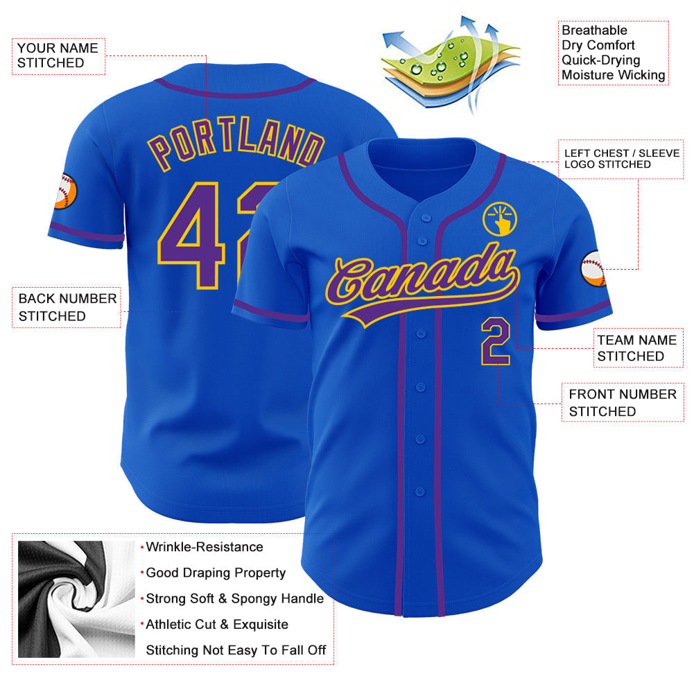 Custom Thunder Blue Purple-Yellow Authentic Baseball Jersey baseball jersey product view 3