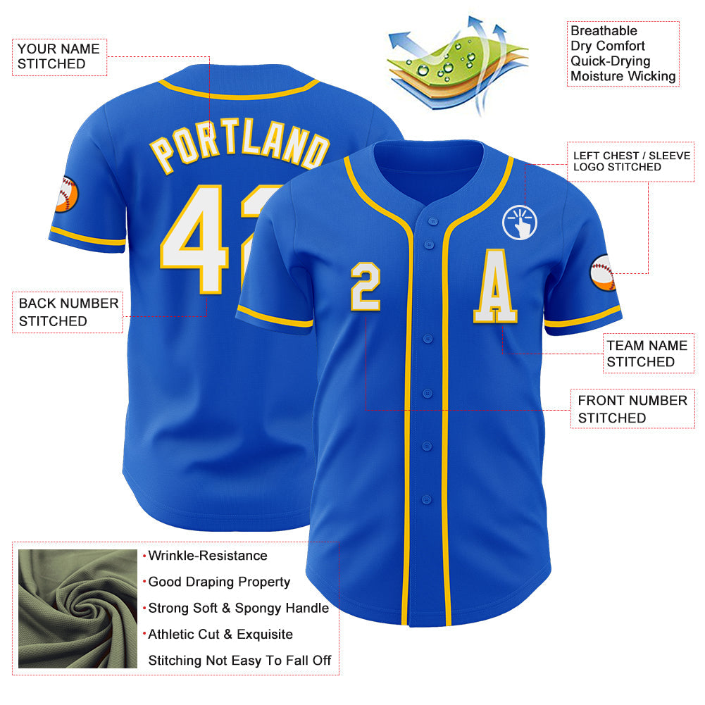 Custom Thunder Blue White-Yellow Authentic Baseball Jersey baseball jersey product view 2