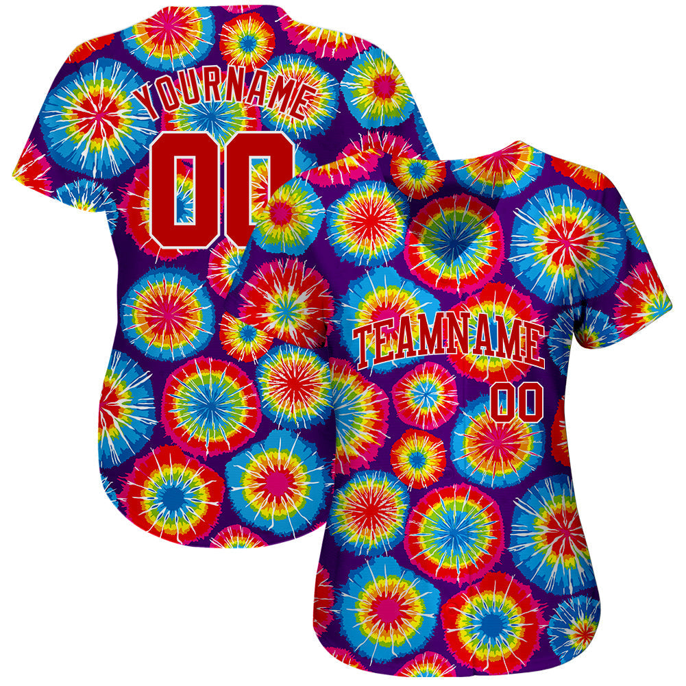 Custom Tie Dye Red-White 3D Authentic Baseball Jersey baseball jersey product view 2