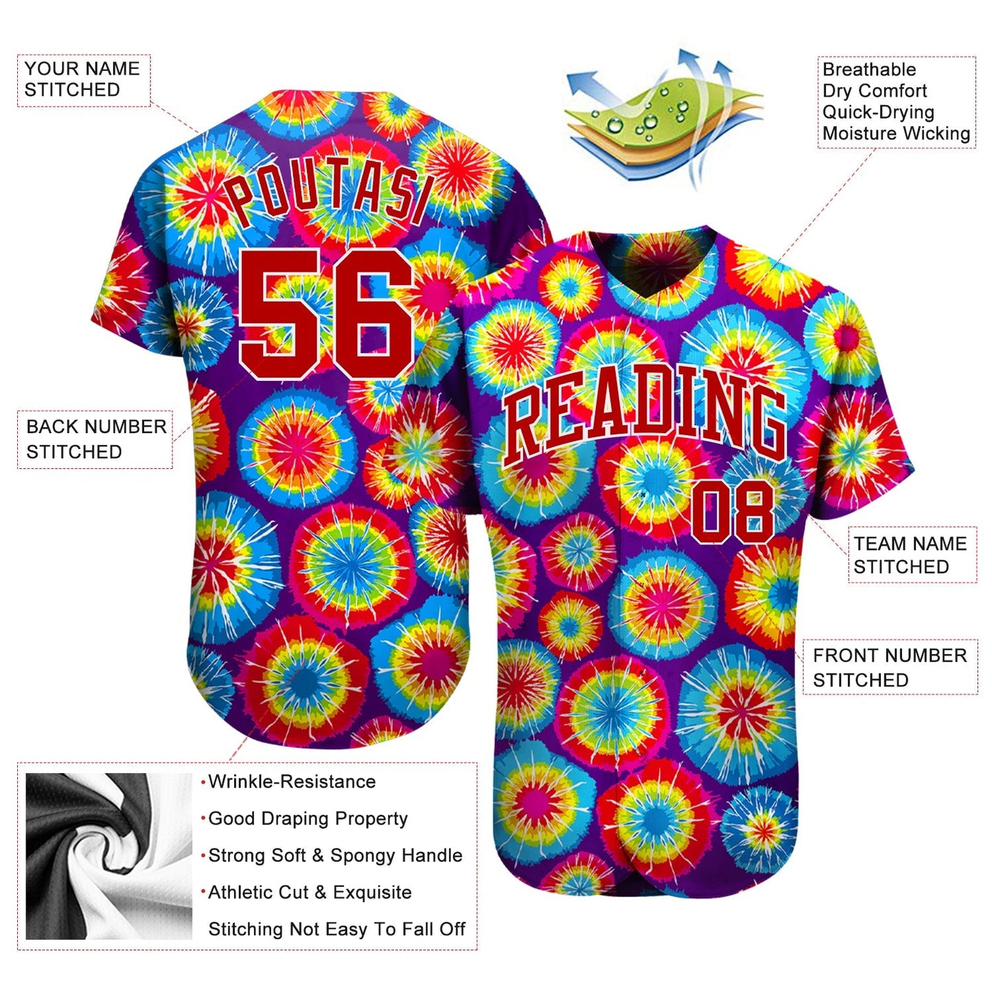 Custom Tie Dye Red-White 3D Authentic Baseball Jersey baseball jersey product view 3