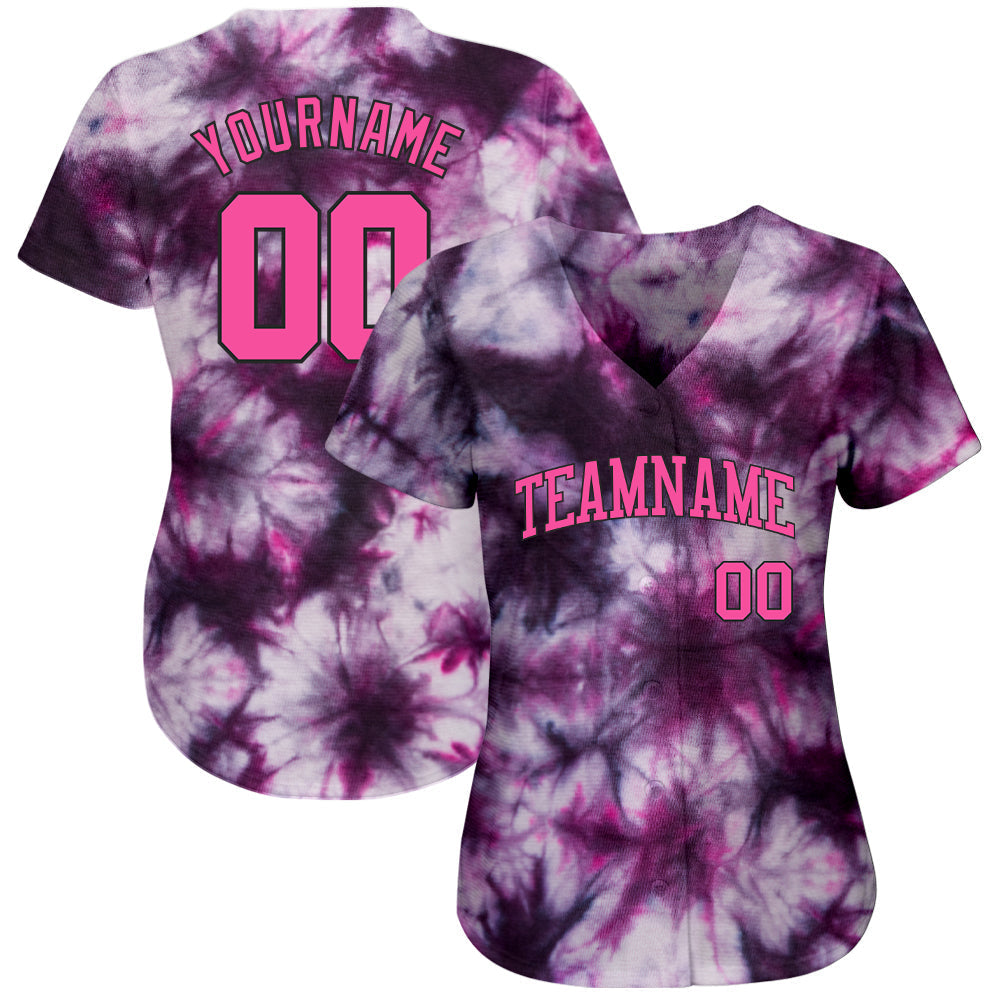 Custom Tie Dye Pink-Black 3D Authentic Baseball Jersey baseball jersey product view 2