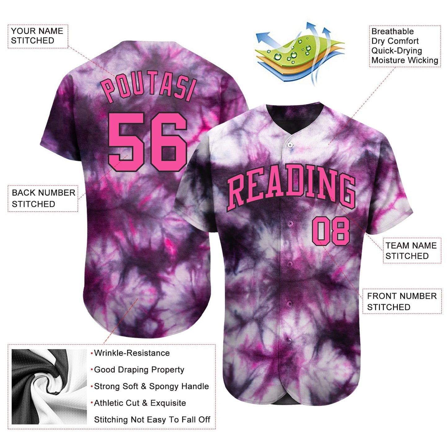 Custom Tie Dye Pink-Black 3D Authentic Baseball Jersey baseball jersey product view 3