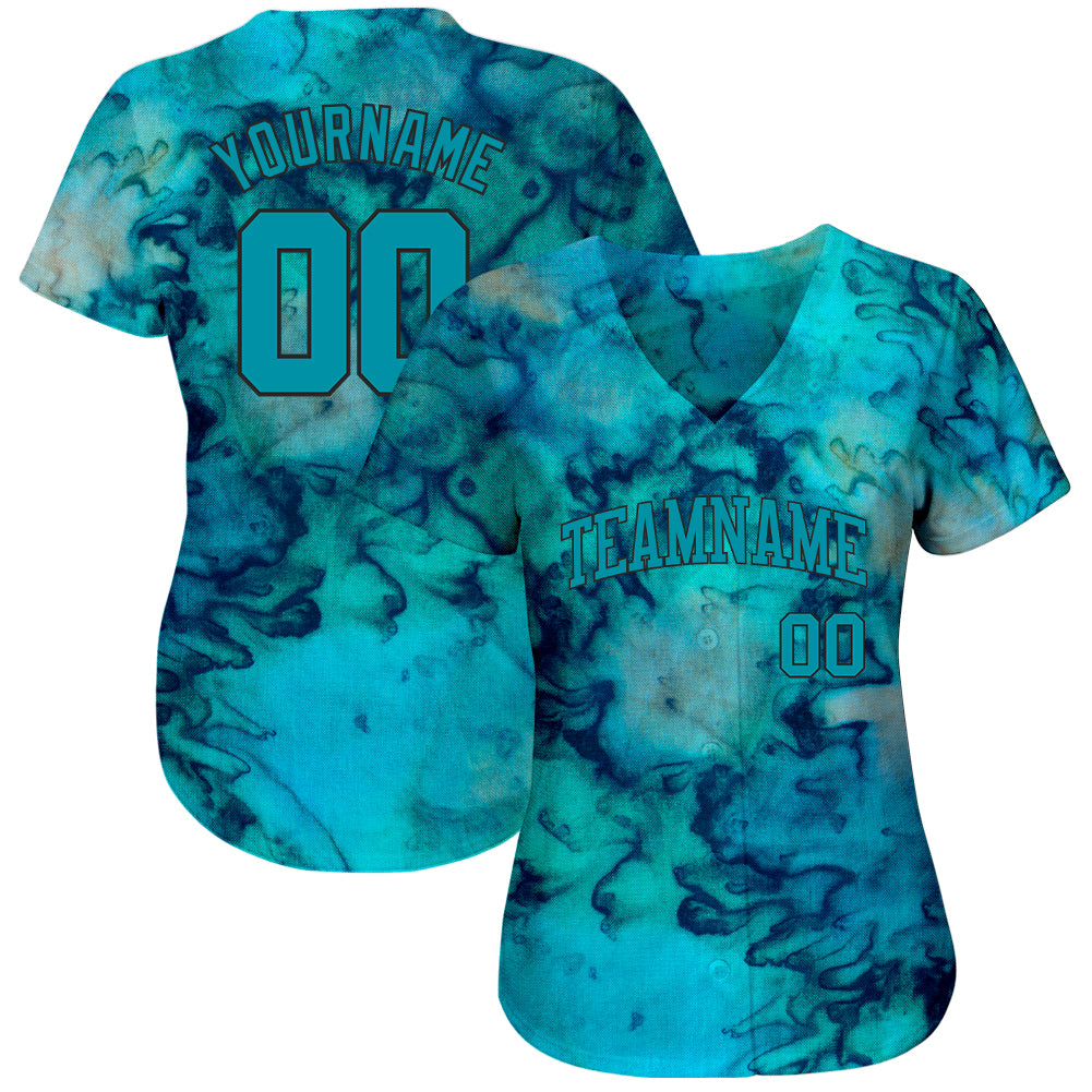 Custom Tie Dye Teal-Black 3D Authentic Baseball Jersey baseball jersey product view 2