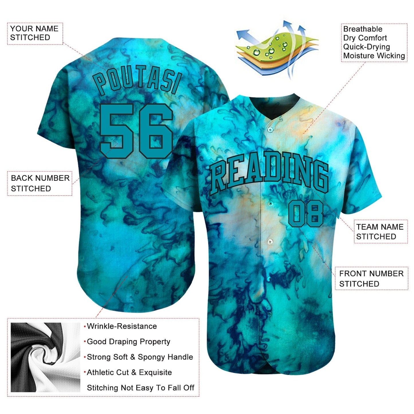 Custom Tie Dye Teal-Black 3D Authentic Baseball Jersey baseball jersey product view 3