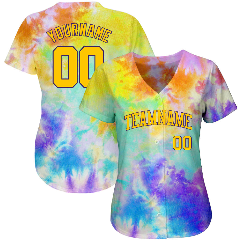 Custom Tie Dye Gold-Purple 3D Authentic Baseball Jersey baseball jersey product view 3