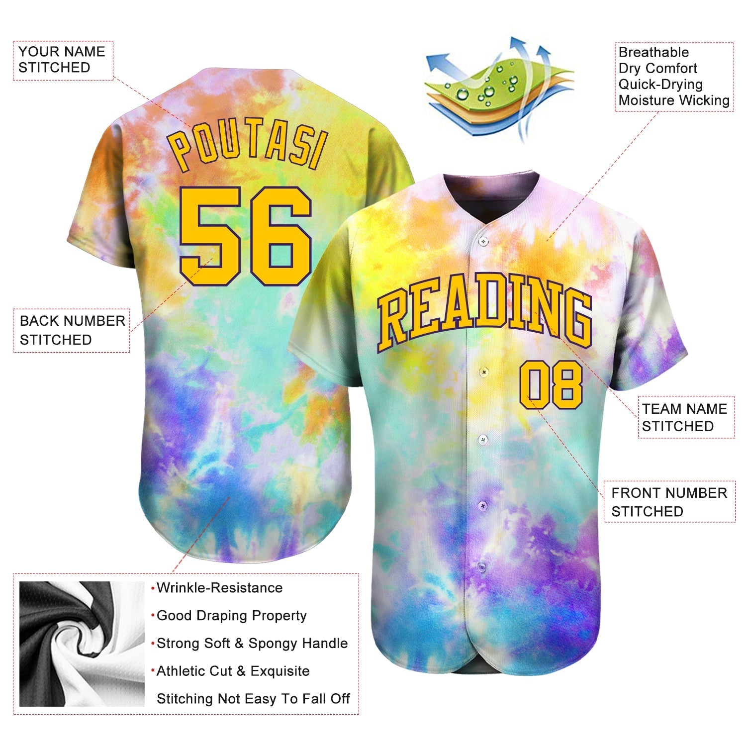 Custom Tie Dye Gold-Purple 3D Authentic Baseball Jersey baseball jersey product view 4