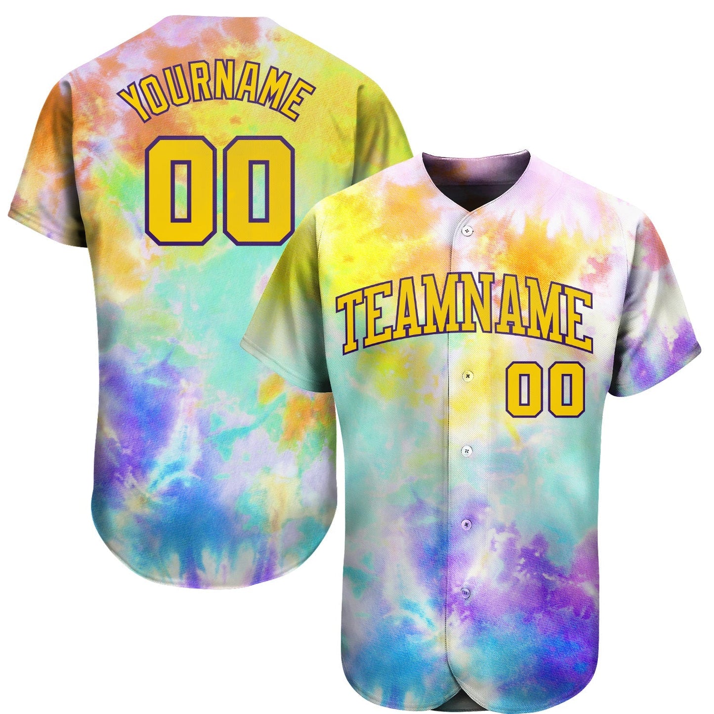 Custom Tie Dye Gold-Purple 3D Authentic Baseball Jersey baseball jersey product view 1