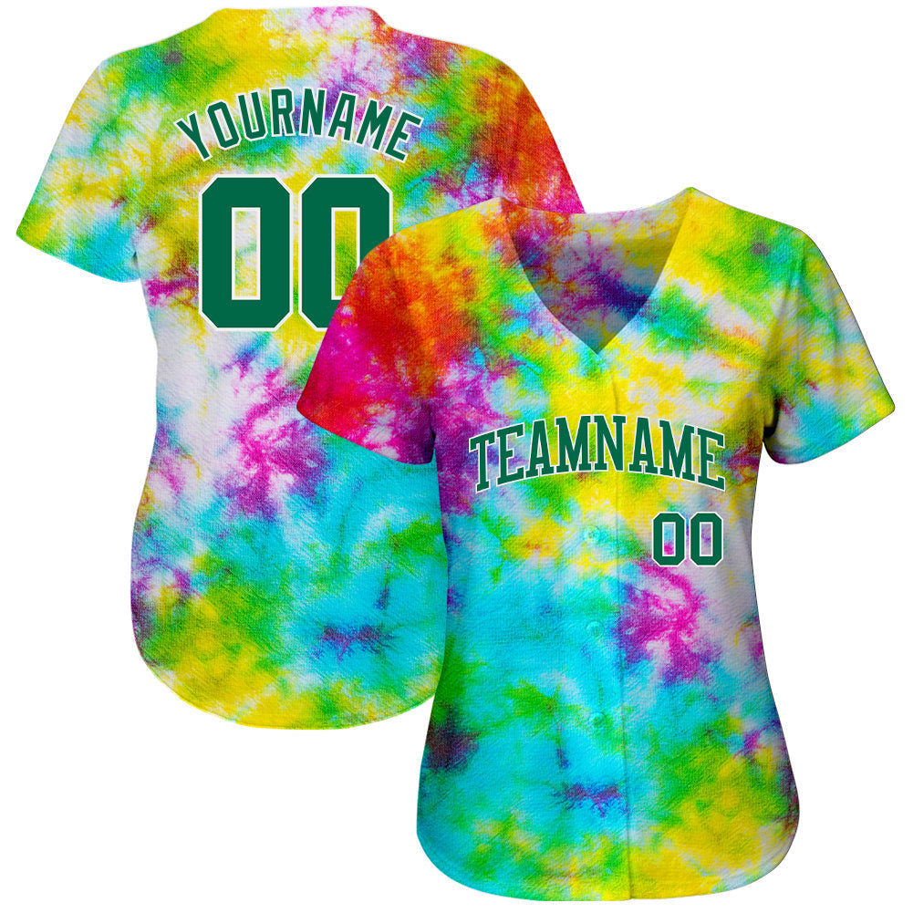 Custom Tie Dye Kelly Green-White 3D Authentic Baseball Jersey baseball jersey product view 2
