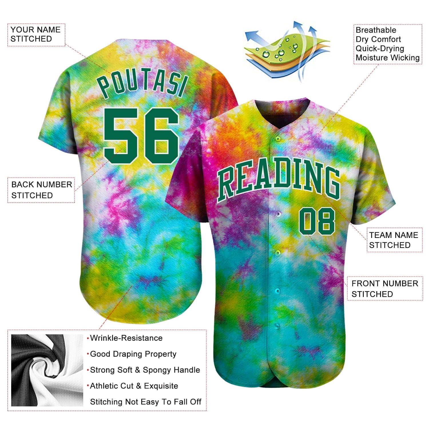 Custom Tie Dye Kelly Green-White 3D Authentic Baseball Jersey baseball jersey product view 3