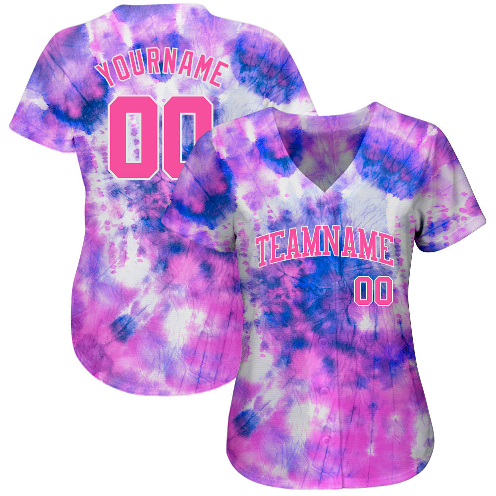Custom Tie Dye Pink-White 3D Authentic Baseball Jersey baseball jersey product view 2