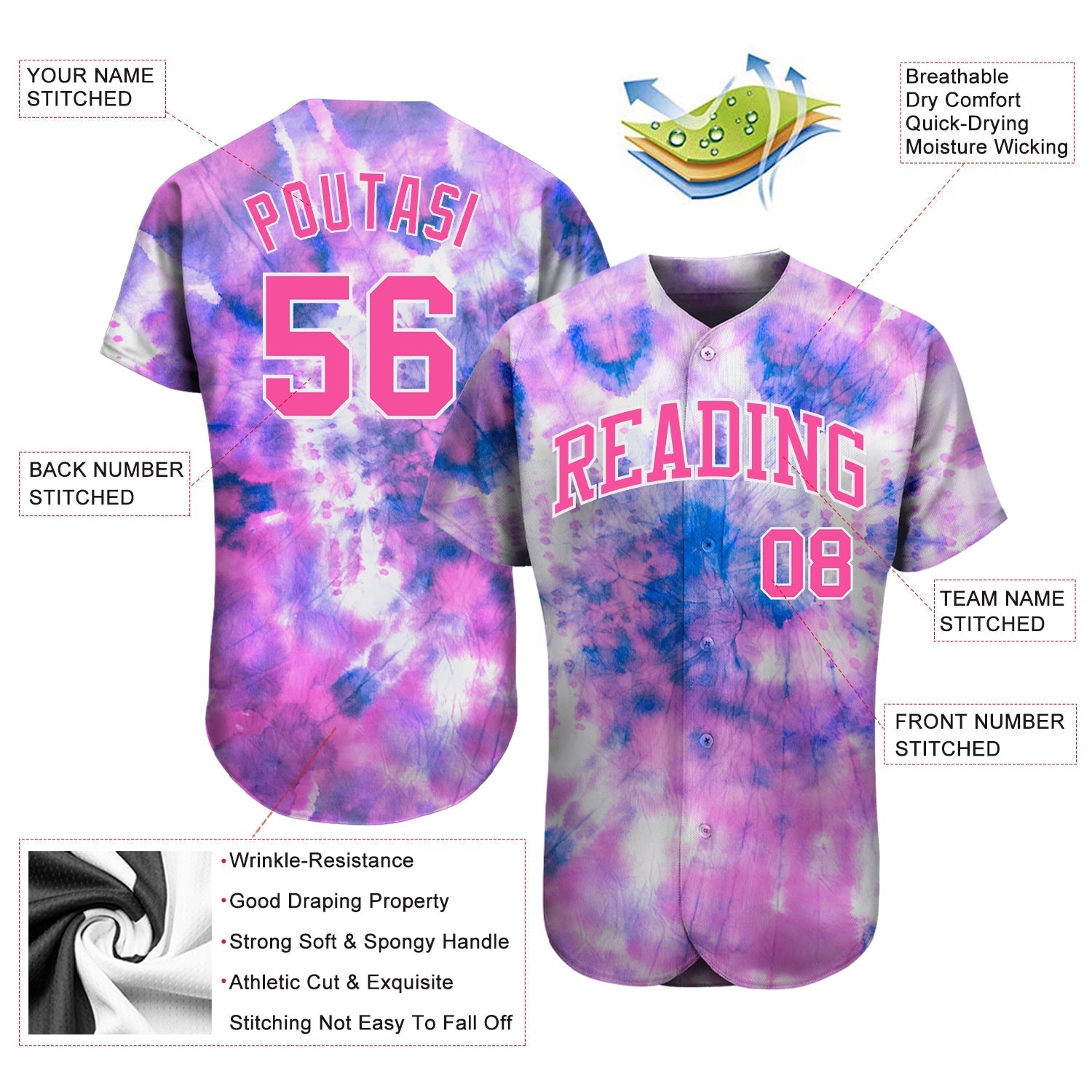 Custom Tie Dye Pink-White 3D Authentic Baseball Jersey baseball jersey product view 3